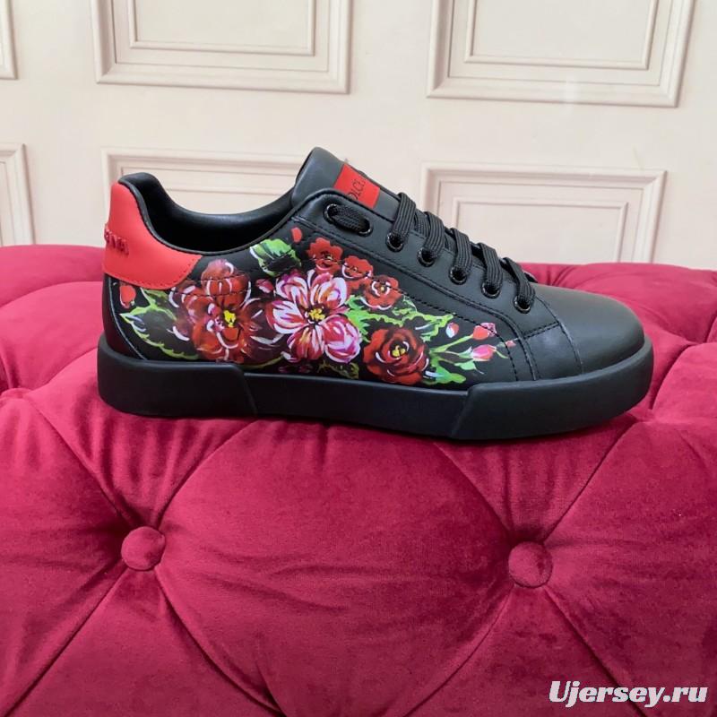 2025 Women Dolce & Gabbana Black Red Leather Sneakers Floral LY00300