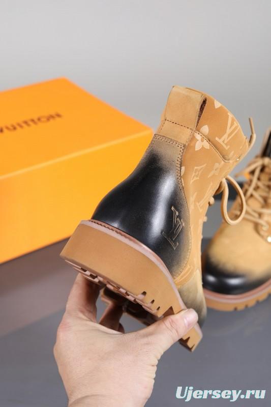 2024 Men Louis Vuitton Beige Black Leather Canvas Boots MJ00470