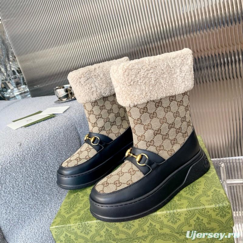 2024 Women Gucci Beige Brown Leather Snow Boots Horsebit MJ00420