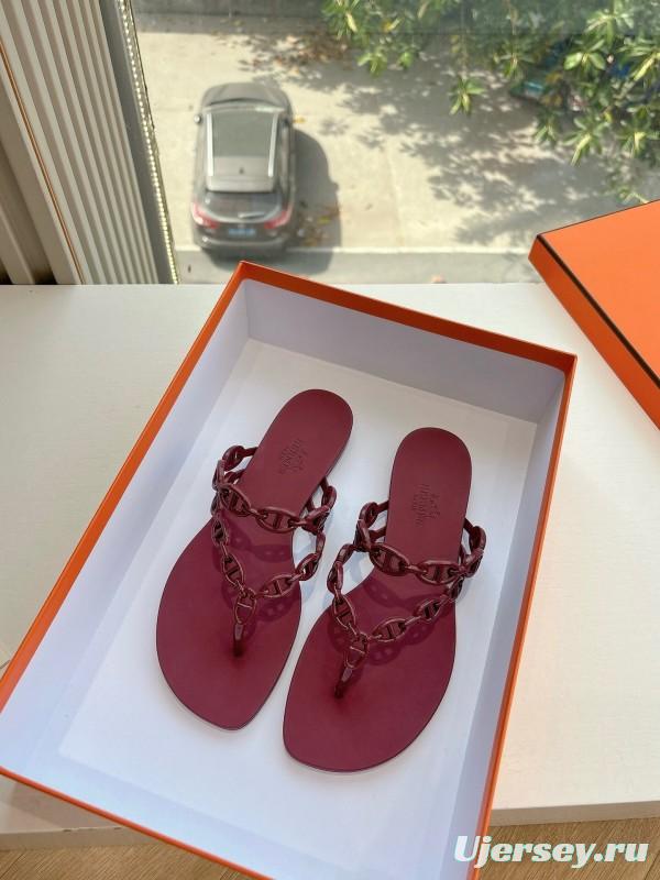 2025 Women Hermès Burgundy Leather Chain Strap Sandals G059 (F)