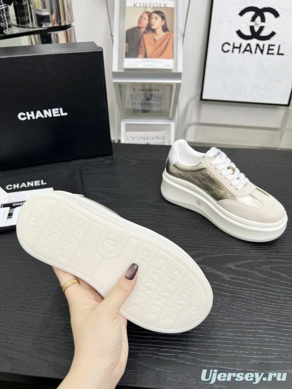 2025 Women Chanel Beige Gold Leather Suede Sneakers LY00290