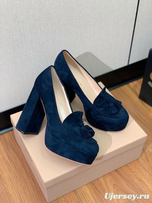 2025 Women Gianvito Rossi Navy Suede Platform Loafers KFY00330
