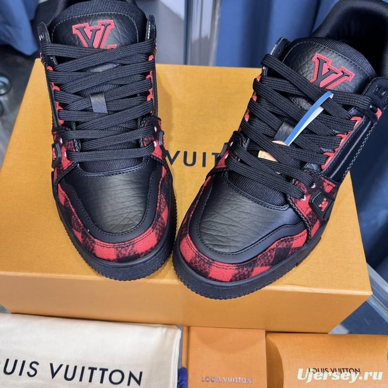 2025 Unisex Louis Vuitton Black Red Leather Sneakers