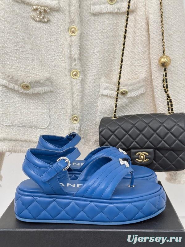 2025 Women Chanel Blue Leather Platform Sandals