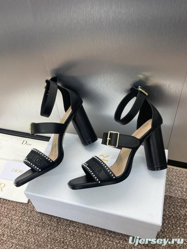 2025 Women Dior Black Leather High Heel Sandals Studded KFY00320