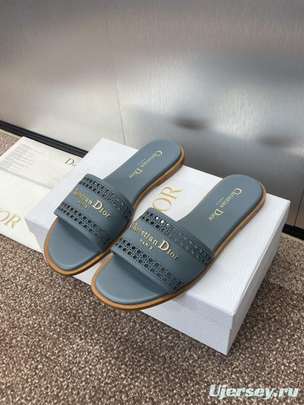 2025 Women Dior Blue Leather Slippers KFY00300