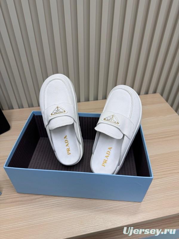 2025 Women Prada White Canvas Platform Loafers