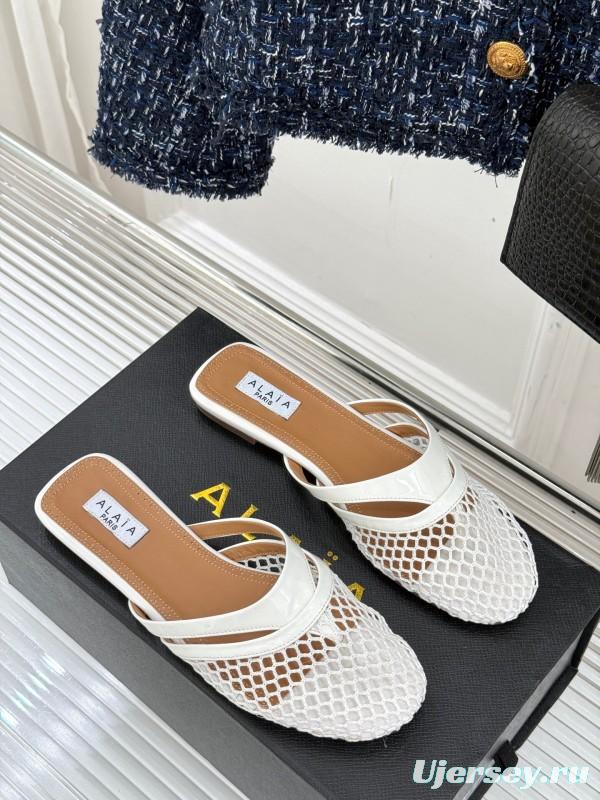 2025 Slippers AlAIA White Leather Mesh Flat Shoes