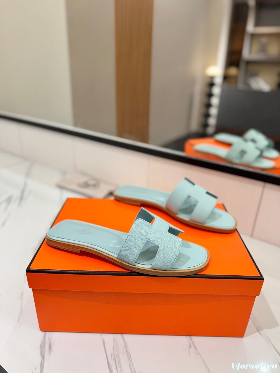 2025 Women Hermès Light Blue Leather Slippers