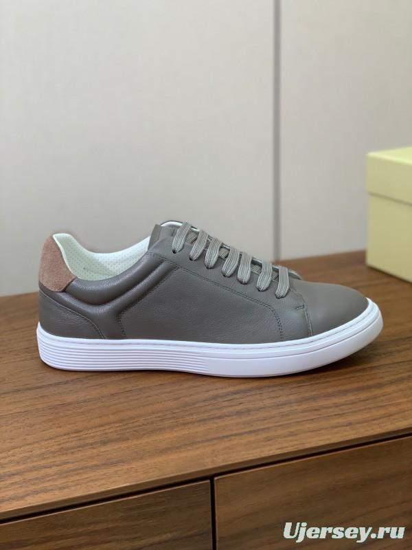2025 Men Brunello Cucinelli Gray Leather Casual Sneakers Handmade Smooth Finish KFY00310 (M)
