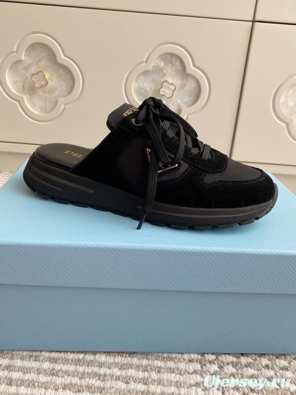 2025 Women Prada Black Nylon Leather Sneakers LY00290