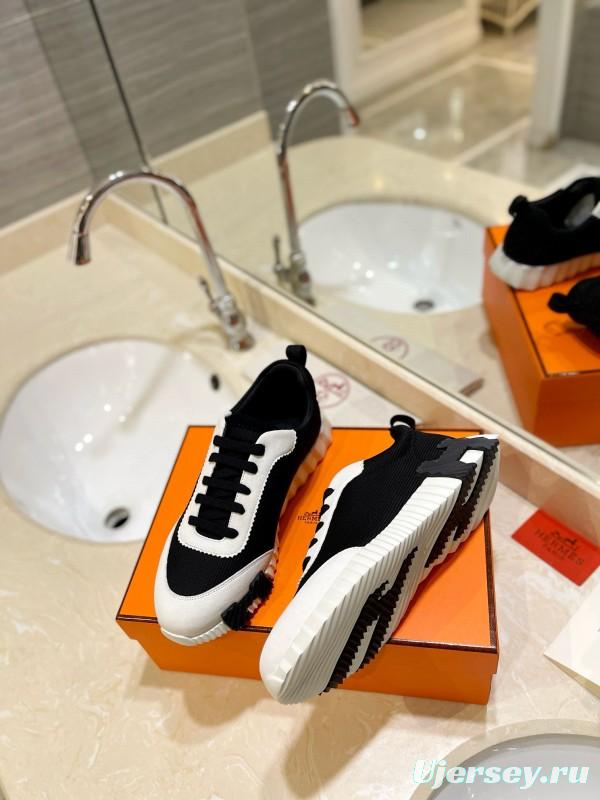 2024 Unisex Hermès black white fabric sneakers