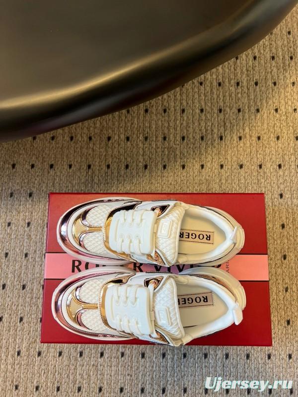 2025 Women Roger Vivier White Pink Leather Mesh Sneakers KFY00380