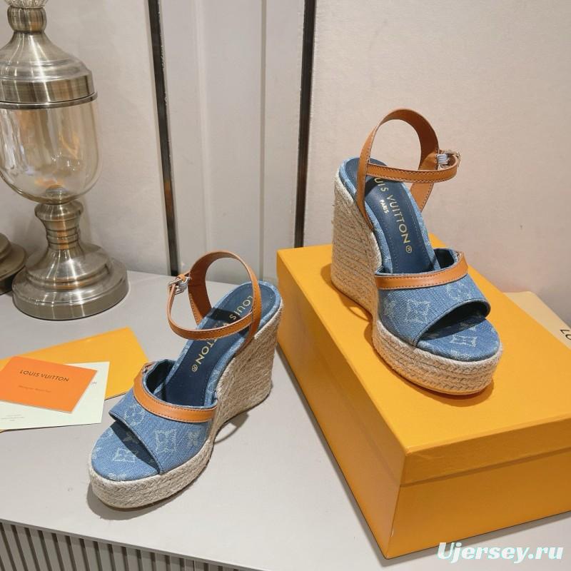 2025 Women Louis Vuitton Blue Denim Leather Espadrilles Sandals MJ00280