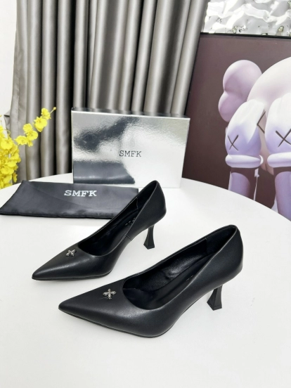 2025 Women SMFK Black Leather Heels LY
