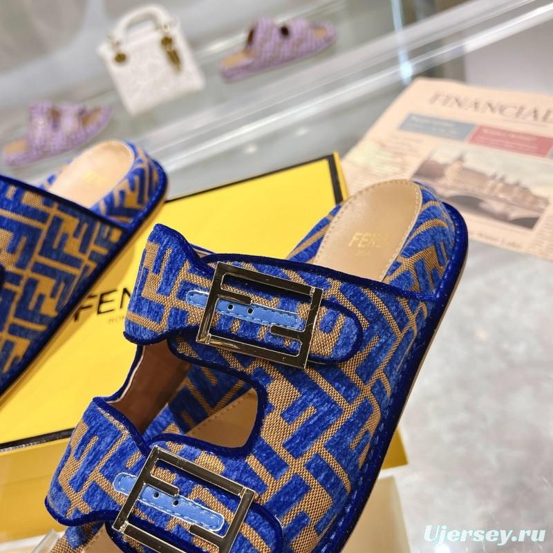 2025 Slippers Fendi Blue Brown Jacquard Buckle KFY00250