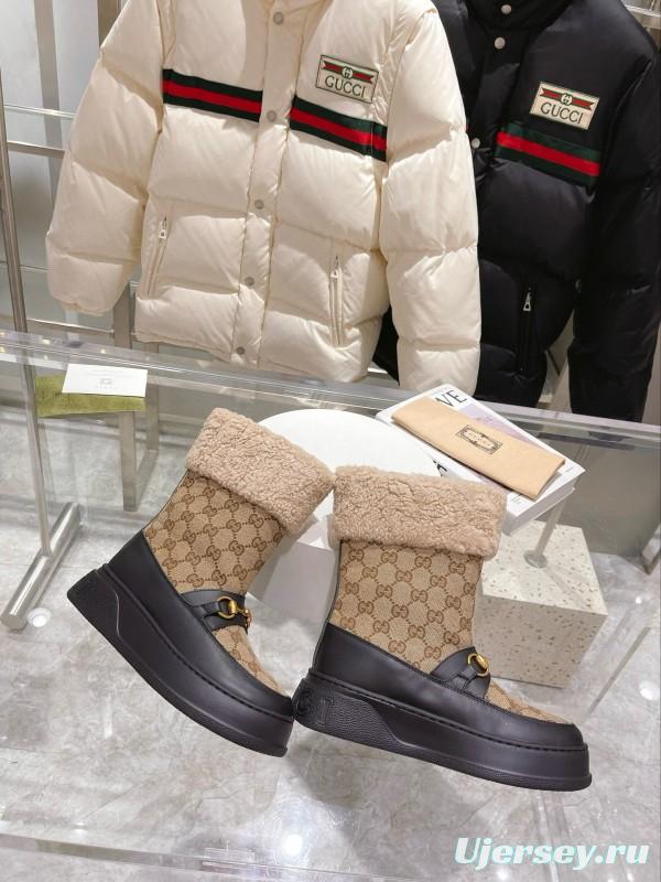 2024 Women Gucci Beige Brown Leather Snow Boots Horsebit MJ00420