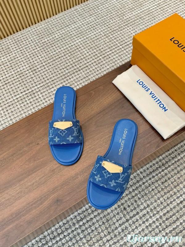 2025 Women Louis Vuitton Blue Denim Leather Slippers LY00200