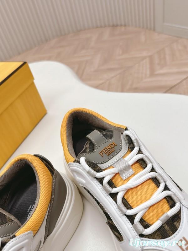 2025 Women Fendi White Grey Yellow Leather Mesh Sneakers