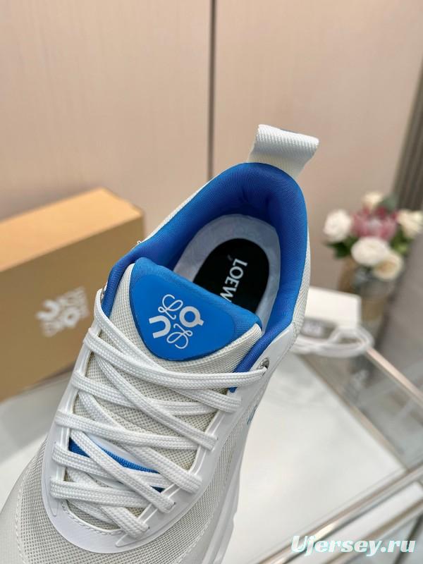 2025 Unisex Loewe White Blue Mesh Leather Sneakers