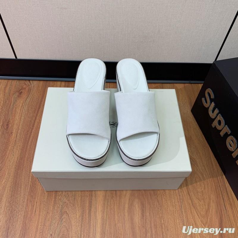 2025 Women BRUNELLO CUCINELLI White Suede Platform Slide Sandals Casual Craftsmanship LY00360(F)