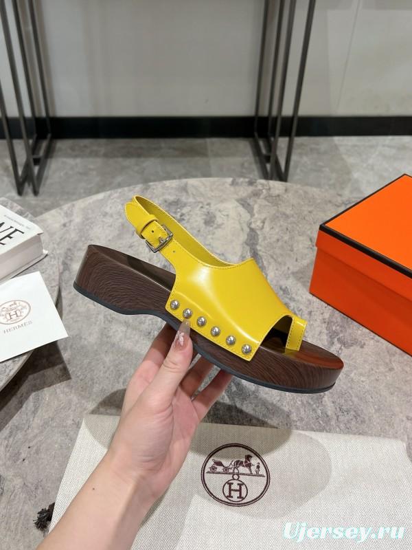 2025 Women Hermès Yellow Leather Sandals