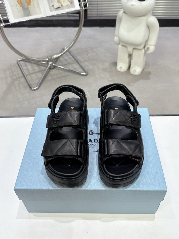 2025 Women Prada Black Leather Sandals