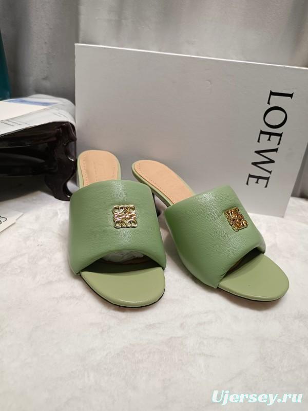 2025 Women Loewe Green Leather Slippers