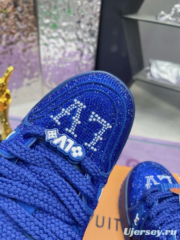 2024 Unisex Louis Vuitton Blue Rhinestone Trainer Sneakers Heat Pressing MJ00430