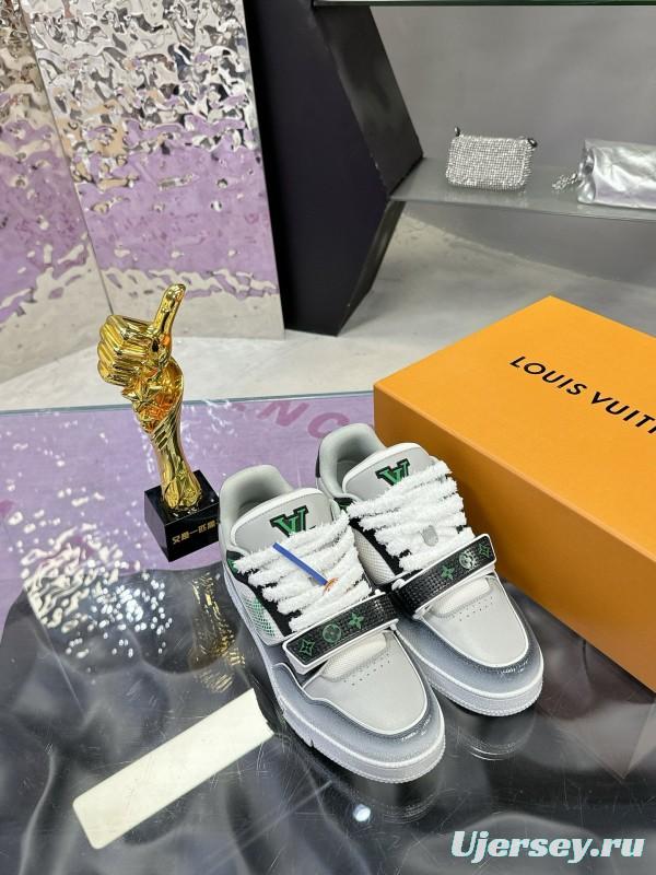 2024 Unisex Louis Vuitton Green White Leather Fabric Plimsolls Waxed Distressed Washed MJ00500