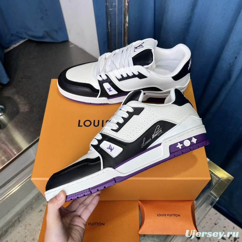 2025 Unisex Louis Vuitton White Black Purple Leather LV Trainer