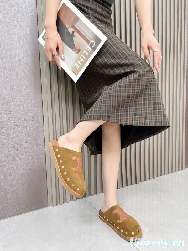 2025 Slippers Celine Brown Pink Suede Leather Studded LY00240