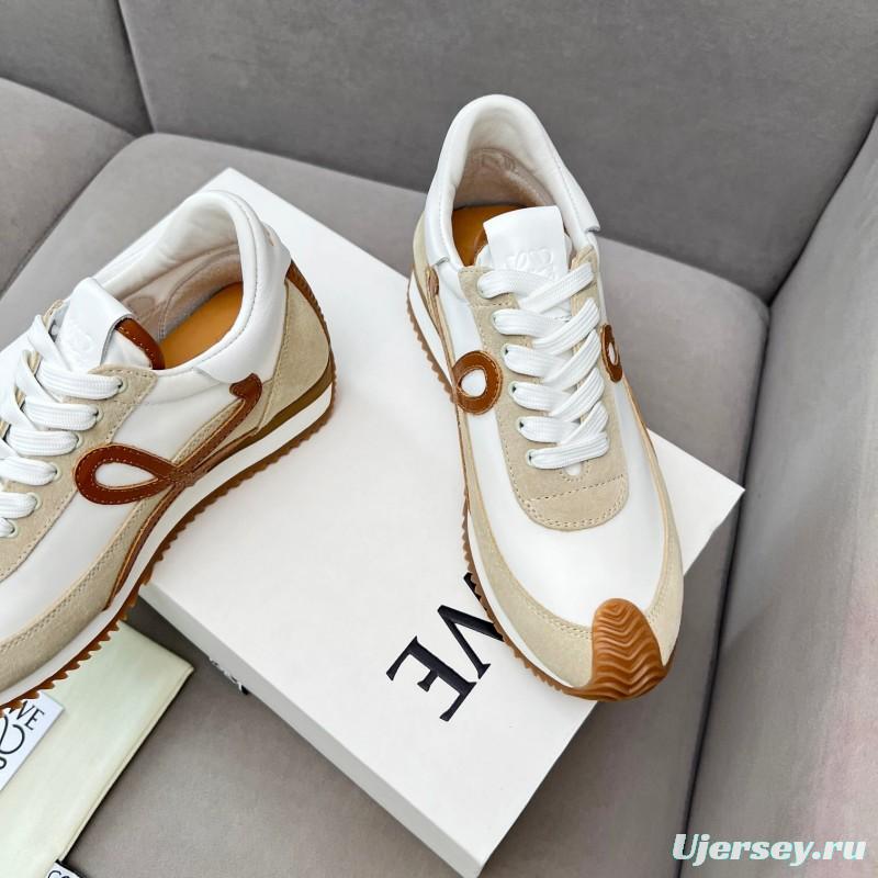 2025 Unisex Loewe White Beige Brown Leather Fabric Sneakers LY00270