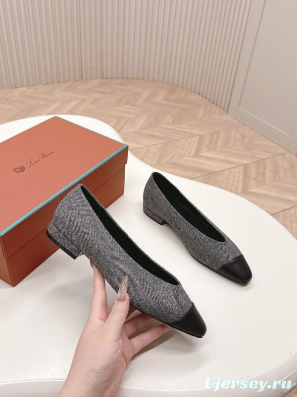 2025 Women LP Grey Black Fabric Leather Pointed Toe Loafers