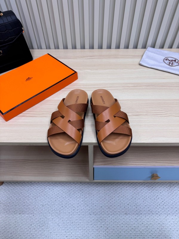 2025 Men Hermès Brown Leather Slippers