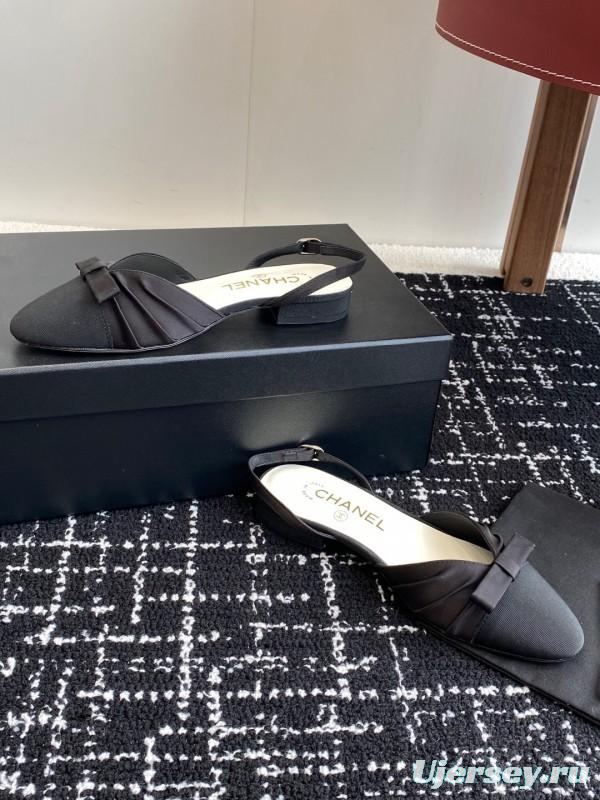 2025 Women Chanel Black Satin Silk Leather Sandals Bow KFY00289