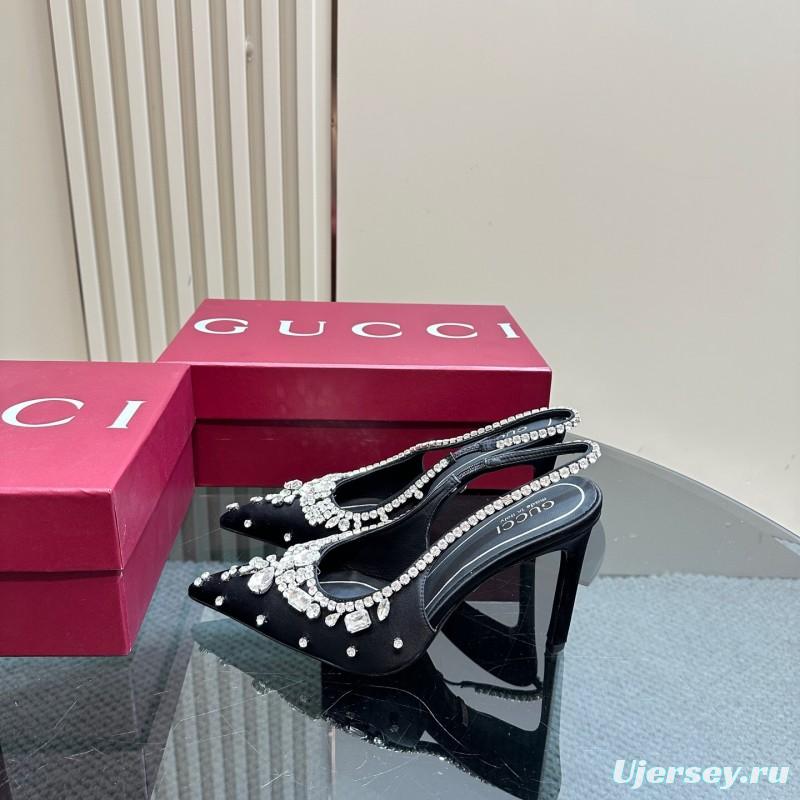 2025 Women Gucci Black Satin Crystal Embellished Slingback Heels