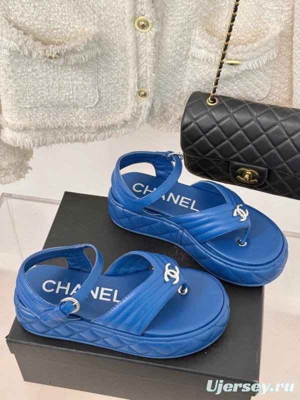 2025 Women Chanel Blue Leather Platform Sandals