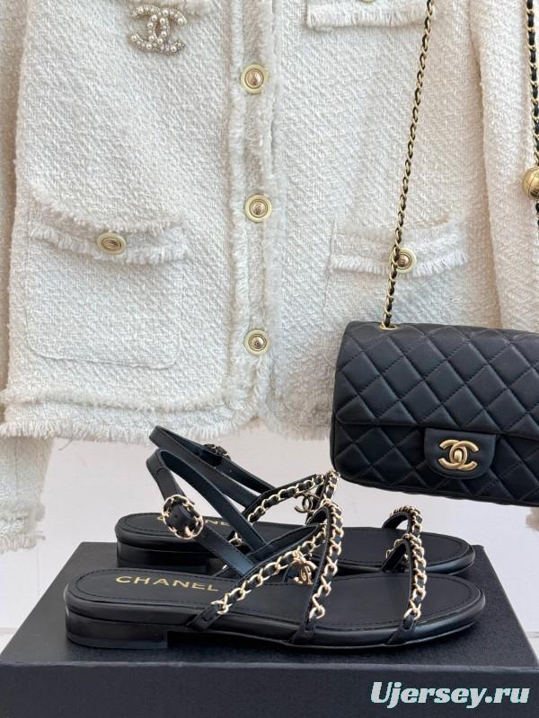 2025 Women Chanel Black Leather Slingback Sandals Chain KFY00270