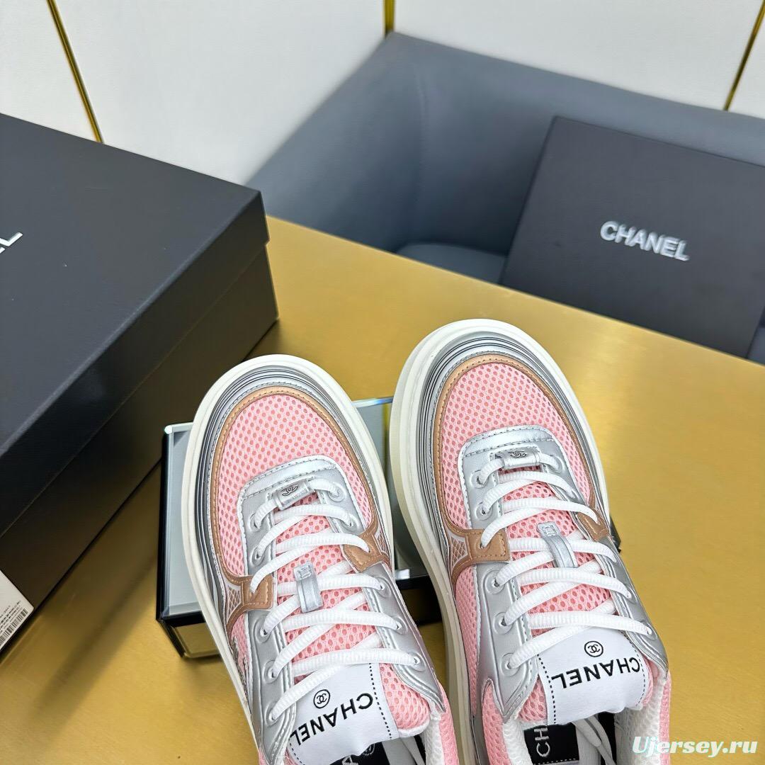 2025 Women Chanel Pink Silver Leather Mesh Sneakers