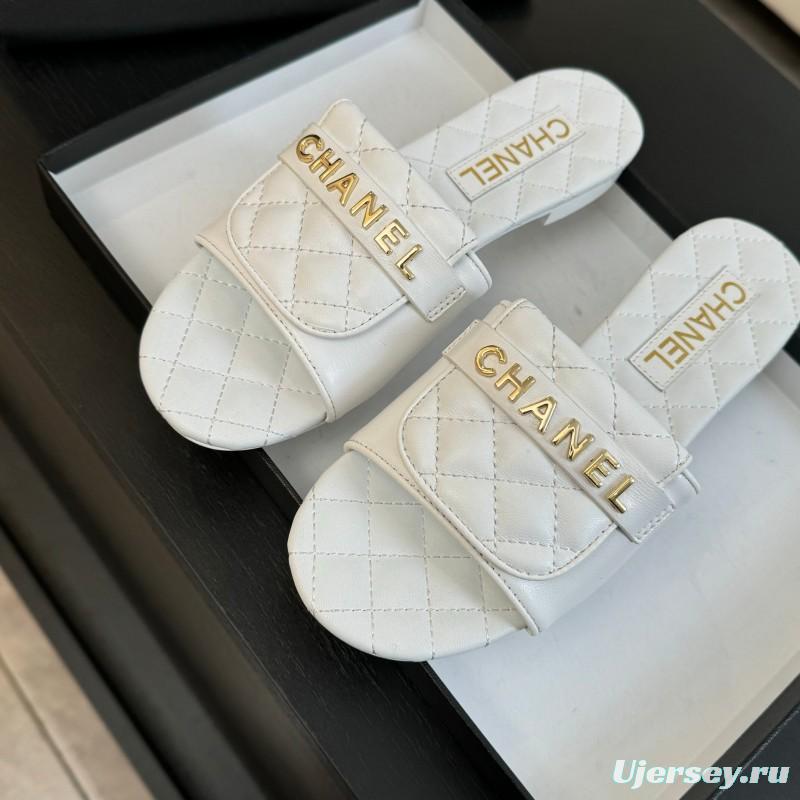 2025 Women Chanel White Leather Slippers