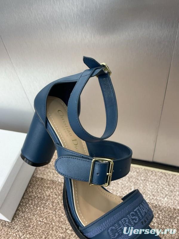 2025 Women Dior Navy Blue Leather Sandals Ankle Strap KFY00310