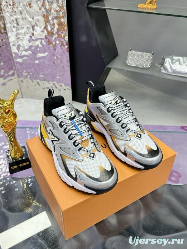 2025 Men Louis Vuitton Gradient Yellow White Leather Mesh Sneakers MJ00420