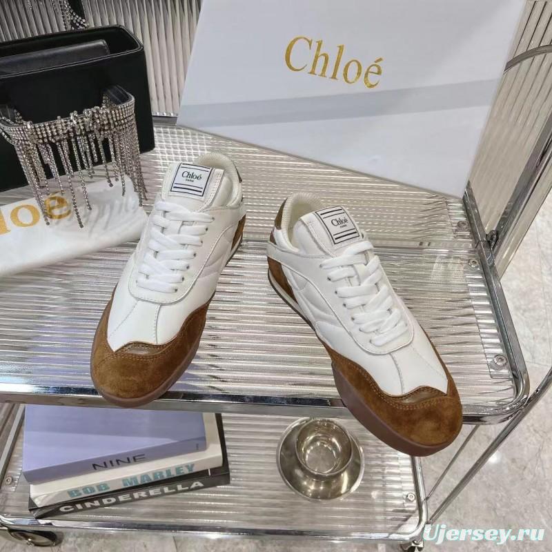 2025 Women Chloé White Brown Leather Suede Sneakers LY00300