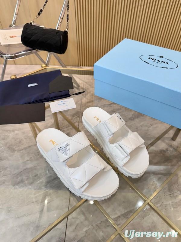 2025 Women Prada White Leather Slippers LY00270