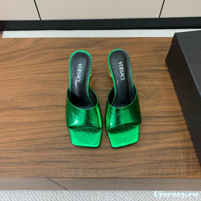 2025 Women VERSACE Green Leather Slippers