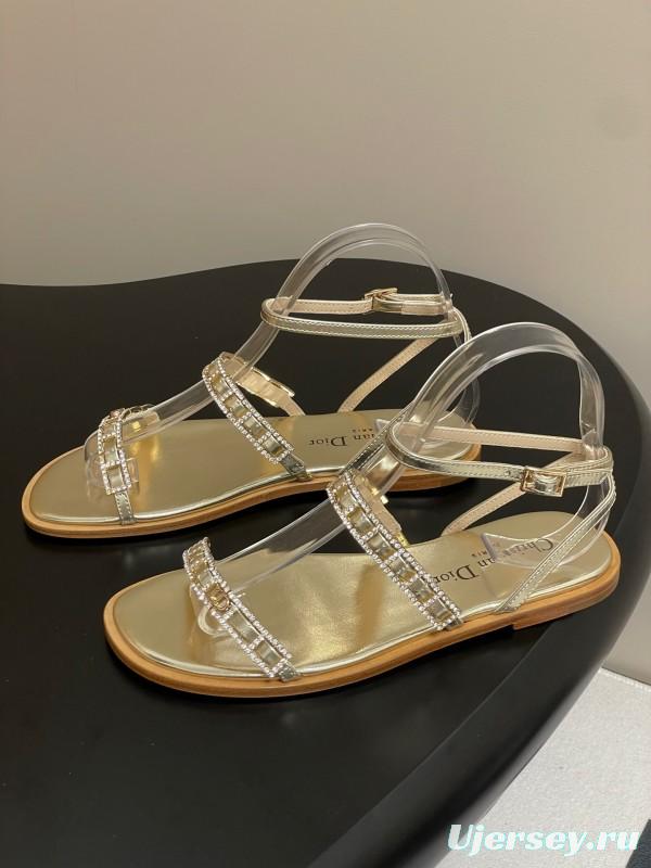 2025 Women Dior Gold Leather Sandals Crystal Embellishment