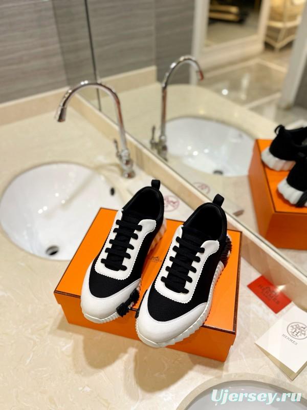 2024 Unisex Hermès black white fabric sneakers