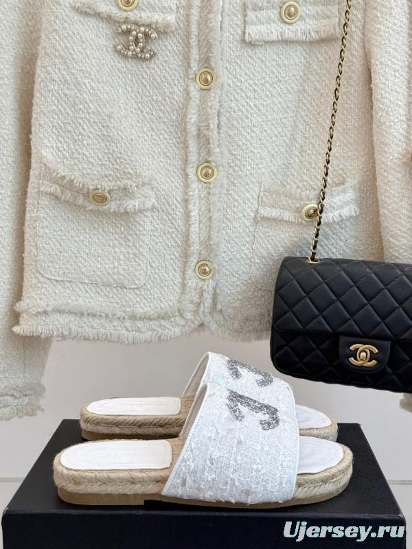 2025/Women Chanel White Lace Espadrille Slide Sandals Handwoven Jute Sole KFY00240(F)