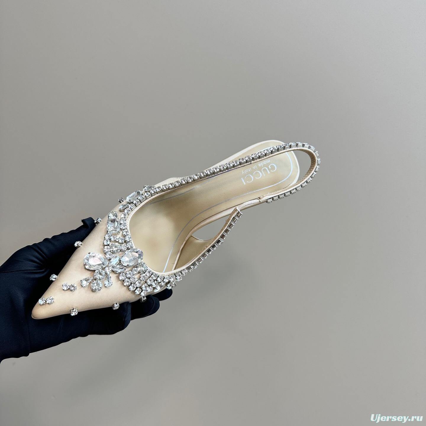 2025 Women Gucci Beige Silk Crystal Embellished Slingback Heels KFY00340